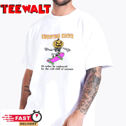 Sweating Sucks Skeleton Pumpkin Head Halloween T-Shirt