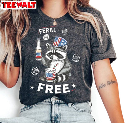 Unique Feral But Free Shirt, Awesome American Flag Long Sleeve Tee Tops