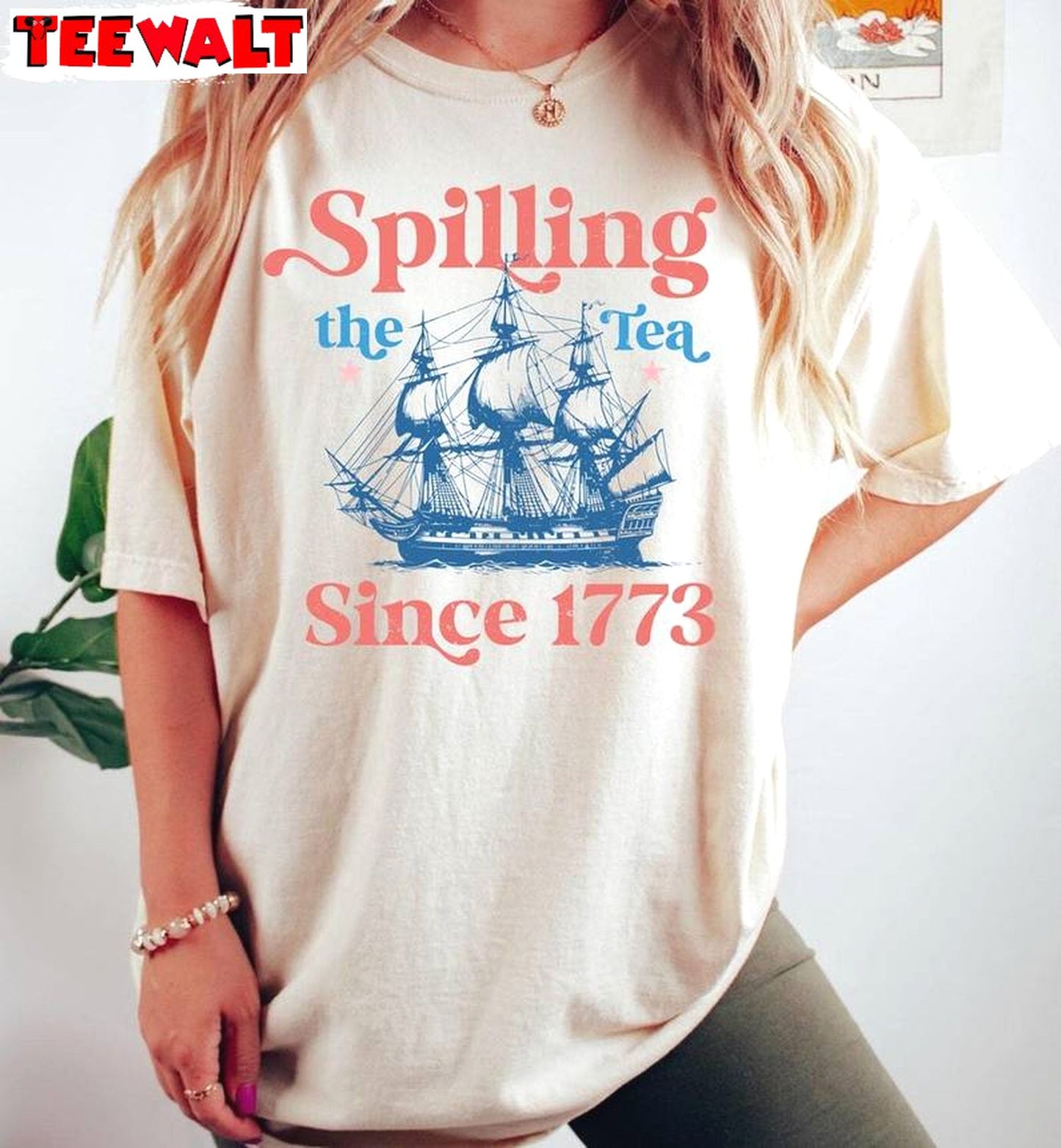 Funny Spilling Tea Since 1773 Shirt, Comfort Colors 4th Of July Crewneck Long Sleeve