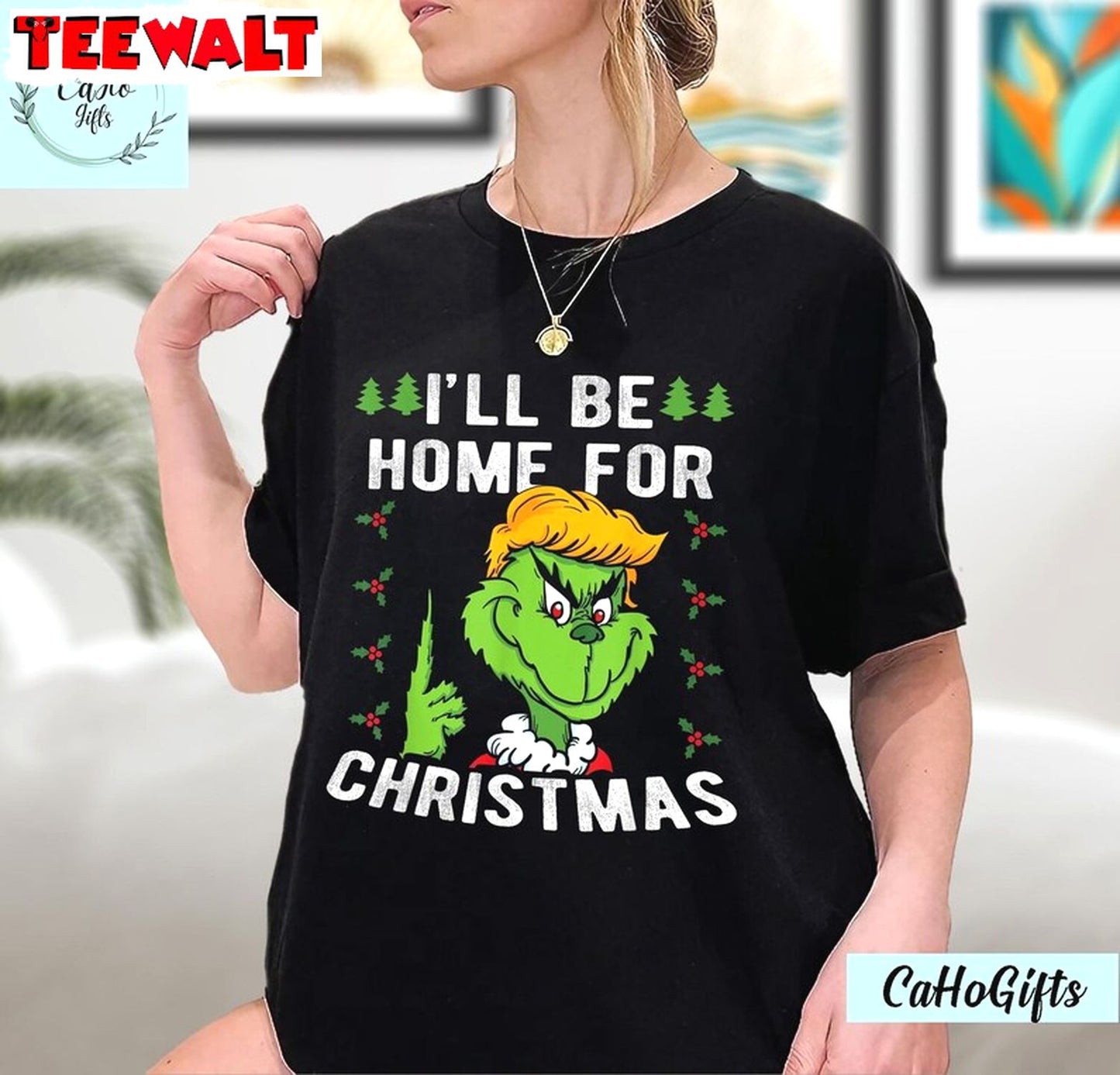 I Ll Be Home For Christmas Funny Trump 2024, Xmas Grinch Pajamas T Shirt