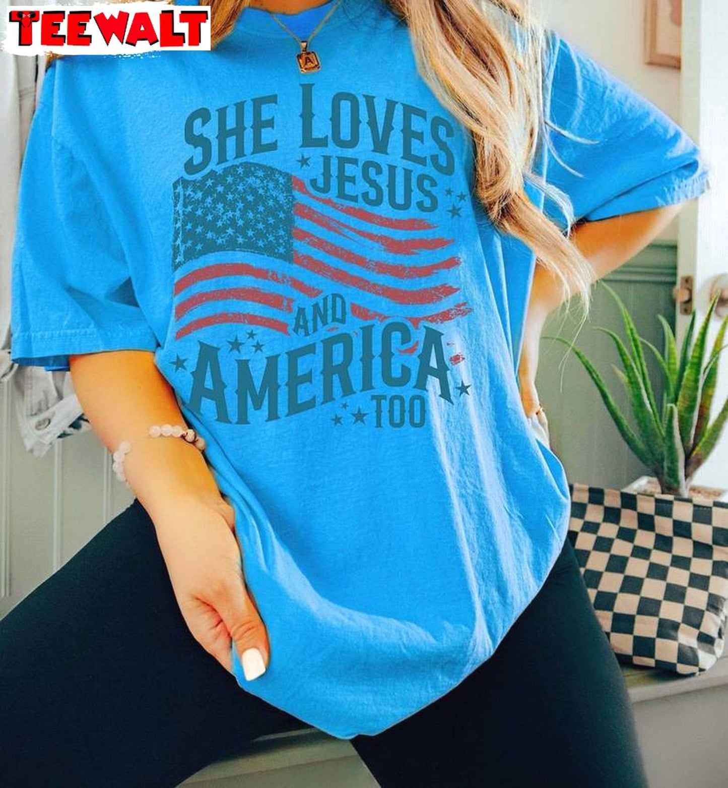 Comfort She Loves Jesus And America Too Shirt, Independence Short Sleeve Crewneck