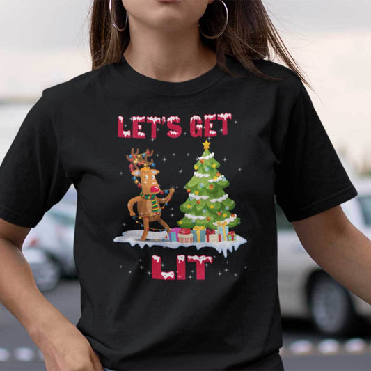 Let's Get Lit Christmas T Shirt Reindeer Christmas Tree