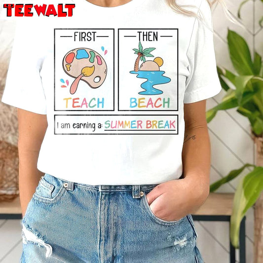 Cool Design First Teach The Beach Shirt, Art Teacher Groovy Unisex Hoodie Short Sleeve