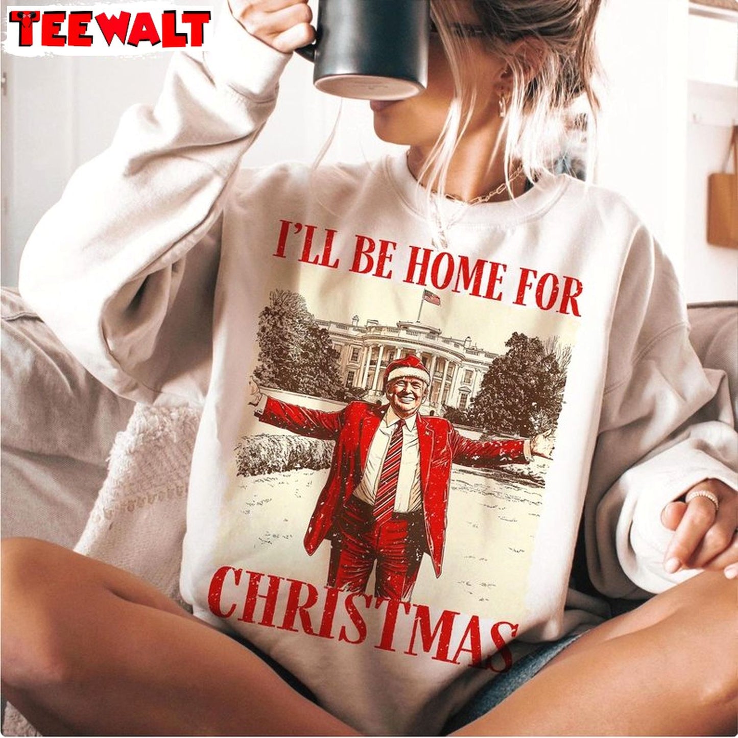 Trump I Ll Be Home For Christmas Sweatshirt, Humorous Christmas T Shirt 04