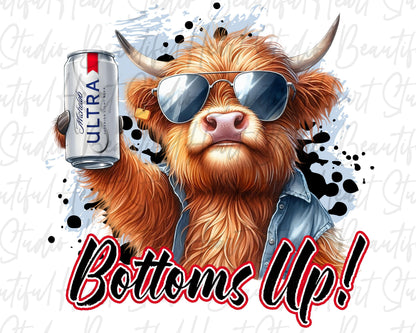 Bottoms Up Ultra Beer Highland Cow Shirt