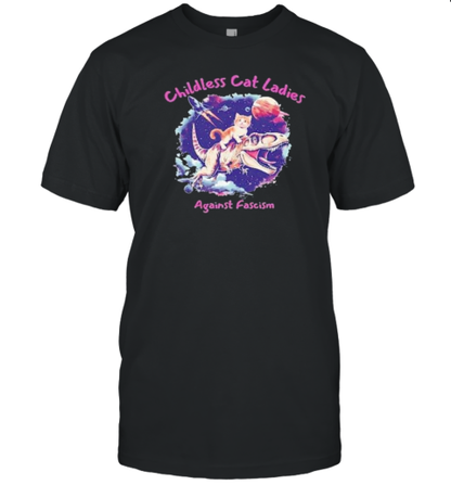 Cat Riding A Dinosaur Childless Cat Ladies Against Fascism Kamala Harris 2024 Female President T-Shirt