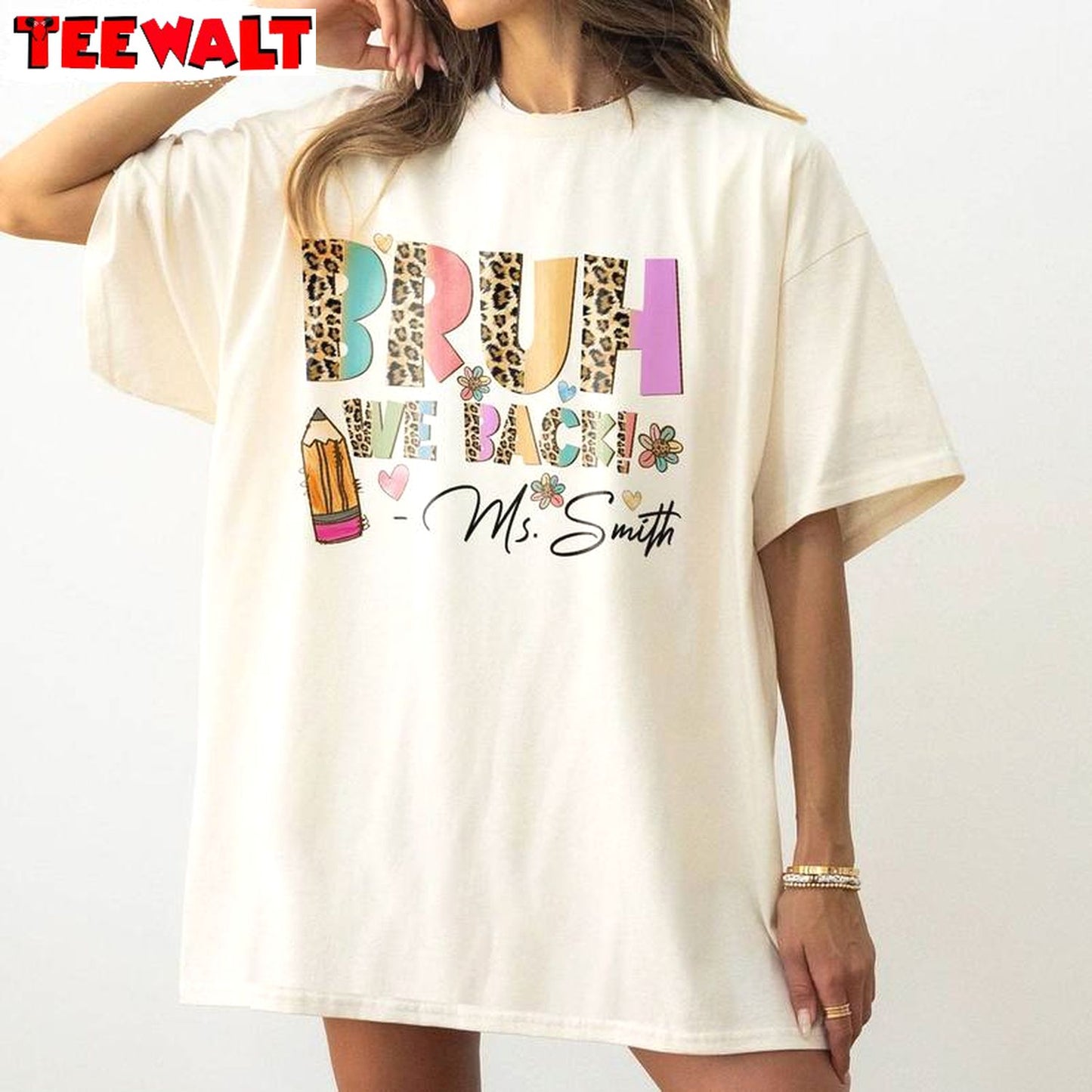 Bruh We Back Teachers Funny Shirt, Groovy Leopard Bruh We Back Crewneck Long Sleeve