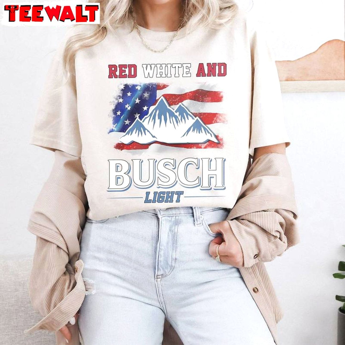 Trendy Red White And Busch Light Shirt, Unique Crewneck Long Sleeve For Men Women