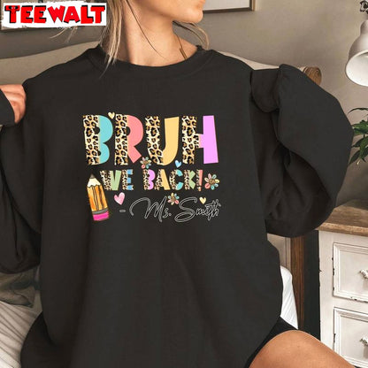 Bruh We Back Teachers Funny Shirt, Groovy Leopard Bruh We Back Crewneck Long Sleeve