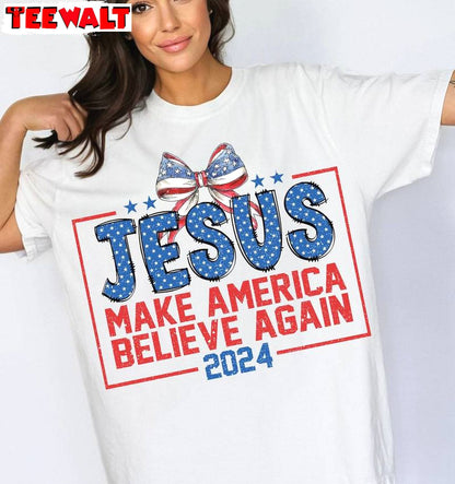 Retro Jesus Make America Believe Again Shirt, Funny Christian Short Sleeve Long Sleeve