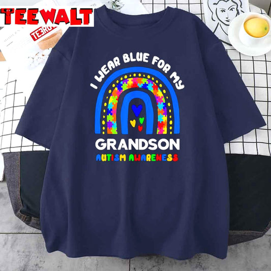 Funny I Wear Blue For My Grandson Autism Awareness Rainbow Puzzle Unisex T-Shirt