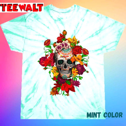 Day Of The Dead Sugar Skull With Flower Unisex Tie Dye Tee